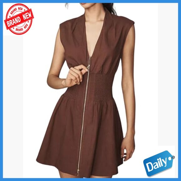 Mini Dress with Pockets, V Neck, Cap Sleeves, Zipper Front, Smocked Waist - Picture 2 of 5